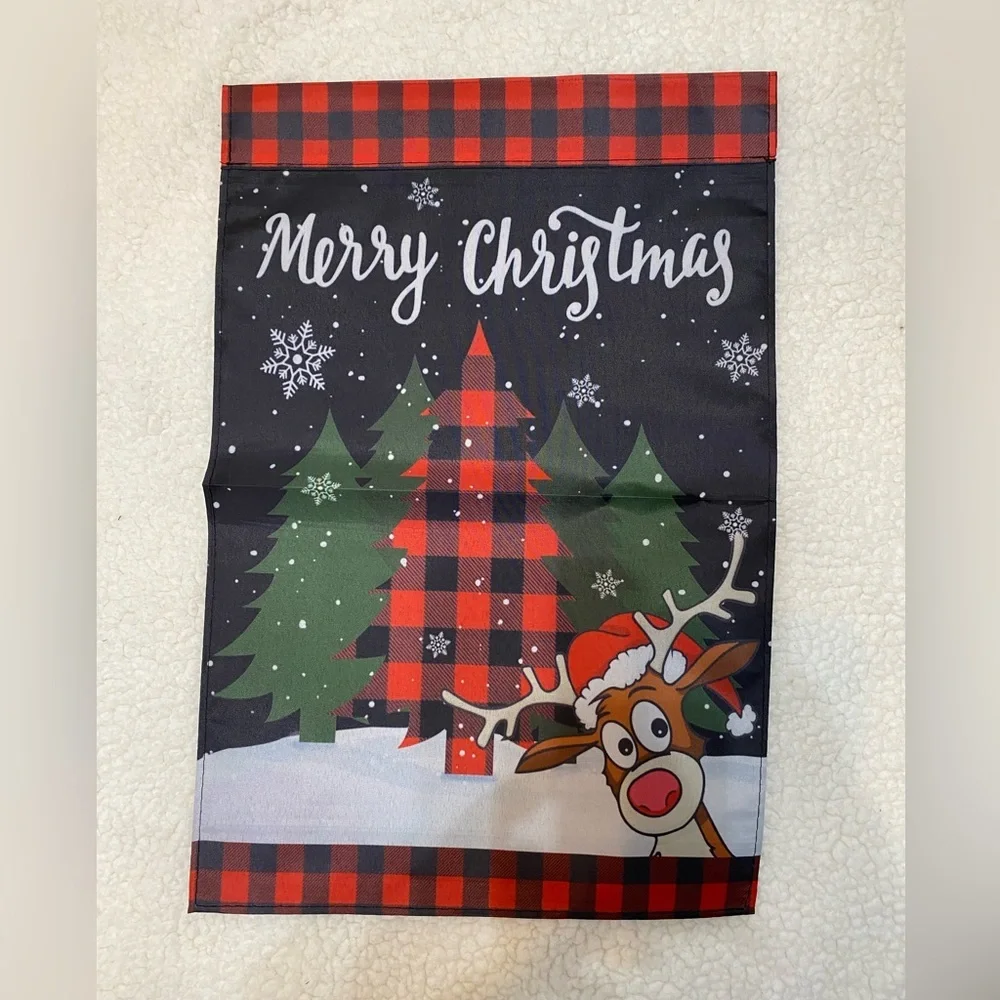 Festive Christmas Garden Flag with Reindeer - Red and Black Plaid 12 x18